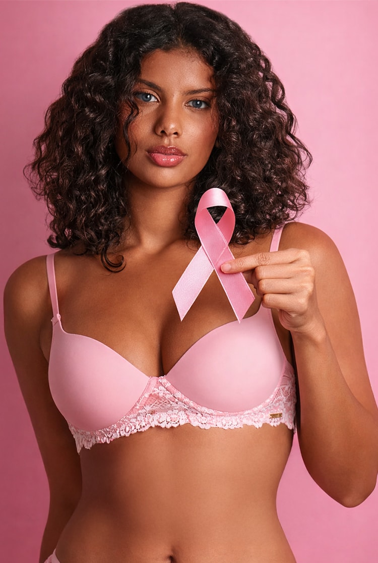 Imagem de mulher segurando uma fita rosa